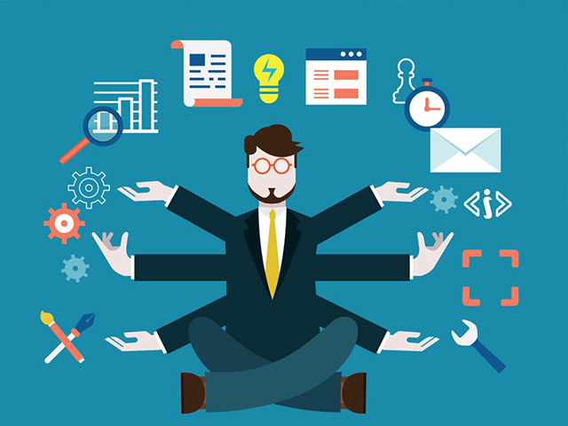 A man juggling multiple tasks by himself.